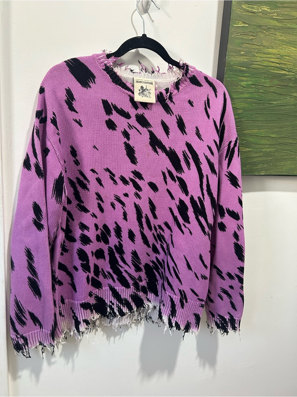 Semicouture Shredded Knit Leopard Print Sweater - Purple & Black